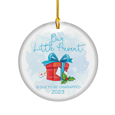 Christmas Tree Decorations Ornaments 2023 - Our Little Present 2023 Festive - Hanging Decor Merry Xmas Tree - Parents Family Expecting Baby Surprise Pregnancy Announcement Ceramic Ornament