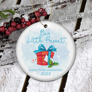 Christmas Tree Decorations Ornaments 2023 - Our Little Present 2023 Festive - Hanging Decor Merry Xmas Tree - Parents Family Expecting Baby Surprise Pregnancy Announcement Ceramic Ornament