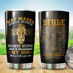 Way Marker Miracle Worker Promise Keeper Tumbler - Bible Emergency Number Tumbler - Lion Christian Tumbler - Christian Gifts For Men, Women, Coworker On Christmas, Birthday…